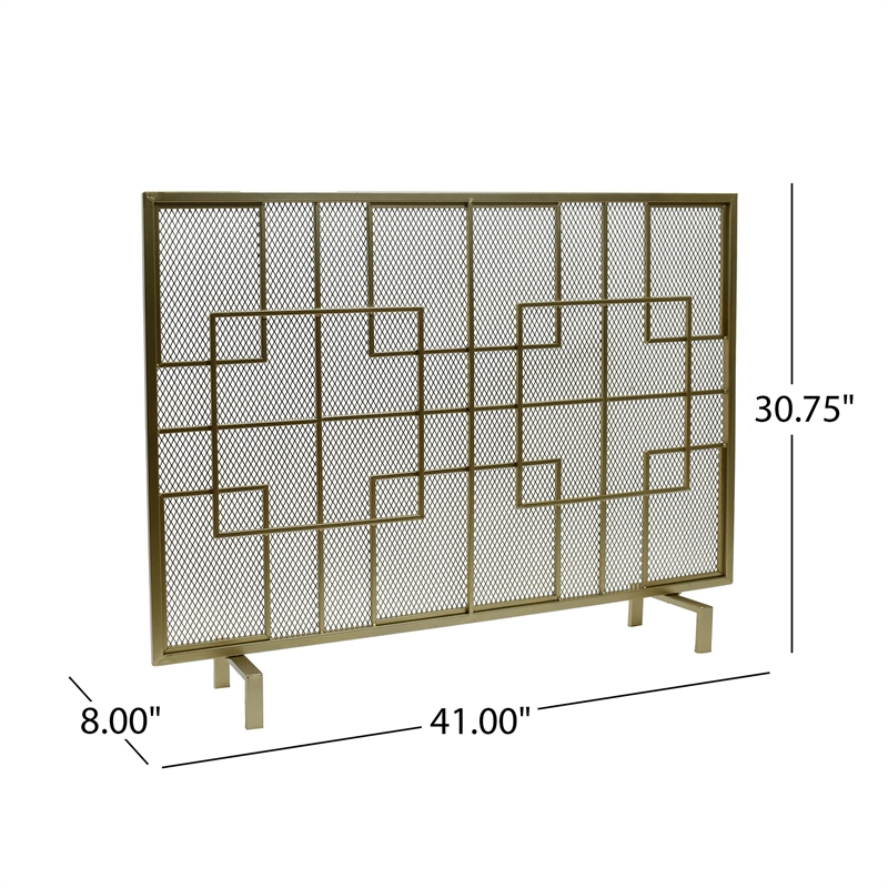 Benjara 31x41 Fireplace Screen- Overlapping Square Design- Classic Gold Iron