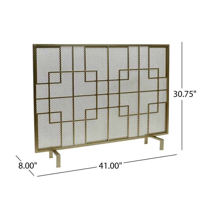 Benjara 31x41 Fireplace Screen- Overlapping Square Design- Classic Gold Iron