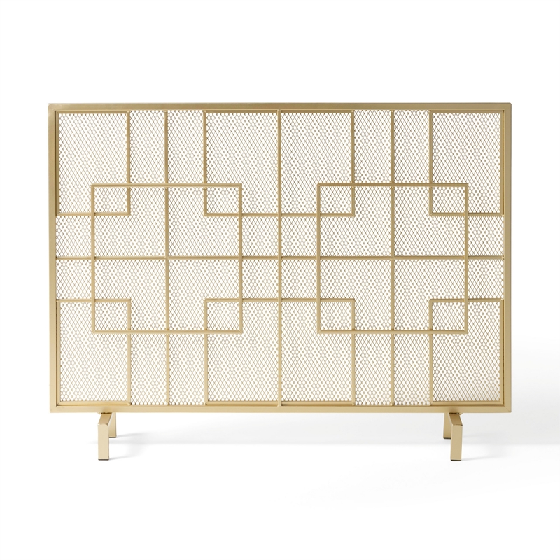 Benjara 31x41 Fireplace Screen- Overlapping Square Design- Classic Gold Iron