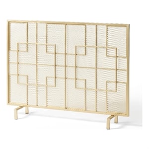 Benjara 31x41 Fireplace Screen- Overlapping Square Design- Classic Gold Iron