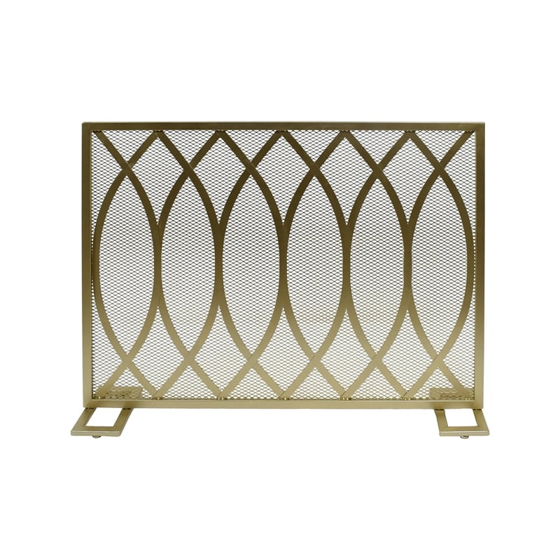Benjara 30x40 Fireplace Screen- Overlapping Round Lens Design- Gold Iron
