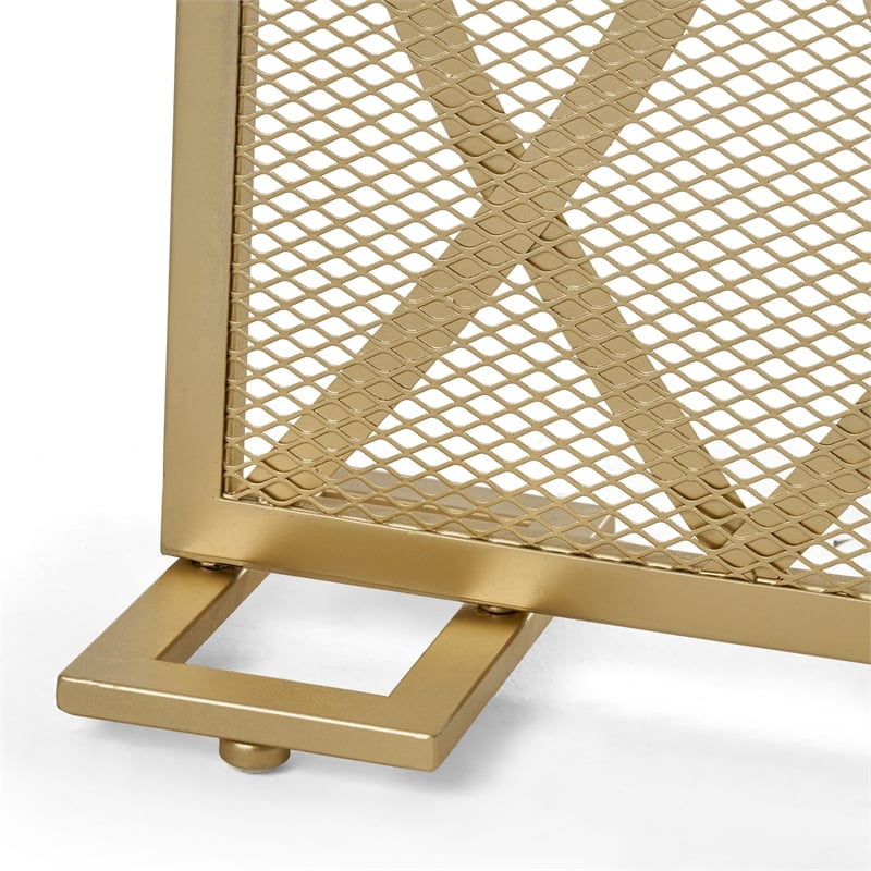 Benjara 30x40 Fireplace Screen- Overlapping Round Lens Design- Gold Iron