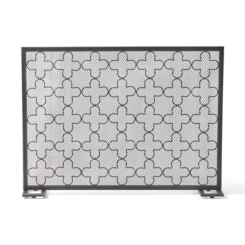 Benjara 30x41 Fireplace Screen- Classic Clover Trellis Pattern- Black Iron