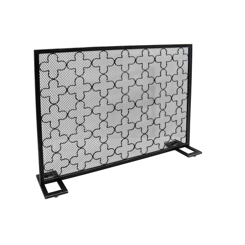 Benjara 30x41 Fireplace Screen- Classic Clover Trellis Pattern- Black Iron