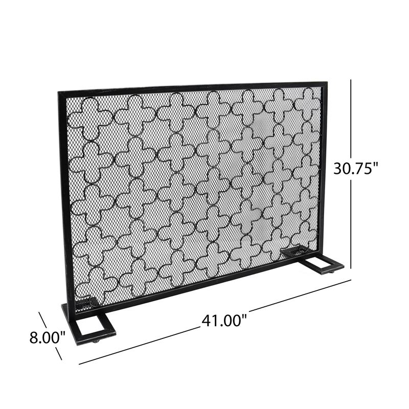 Benjara 30x41 Fireplace Screen- Classic Clover Trellis Pattern- Black Iron