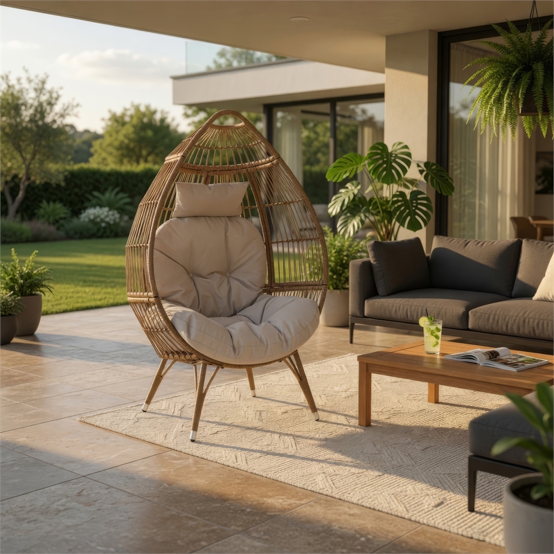 Benjara Outdoor Accent Chair- Teardrop Cocoon w Beige Pillow- Brown PE Rattan