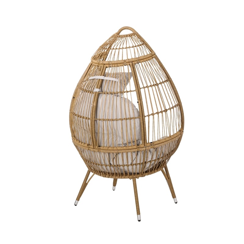 Benjara Outdoor Accent Chair- Teardrop Cocoon w Beige Pillow- Brown PE Rattan