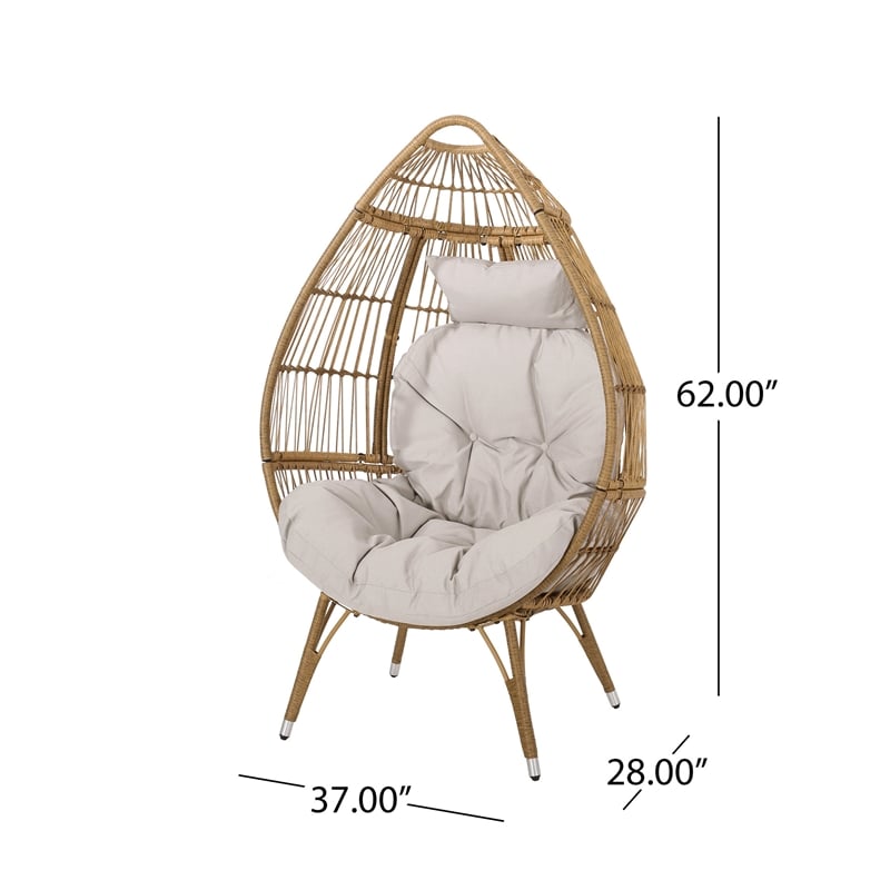 Benjara Outdoor Accent Chair- Teardrop Cocoon w Beige Pillow- Brown PE Rattan