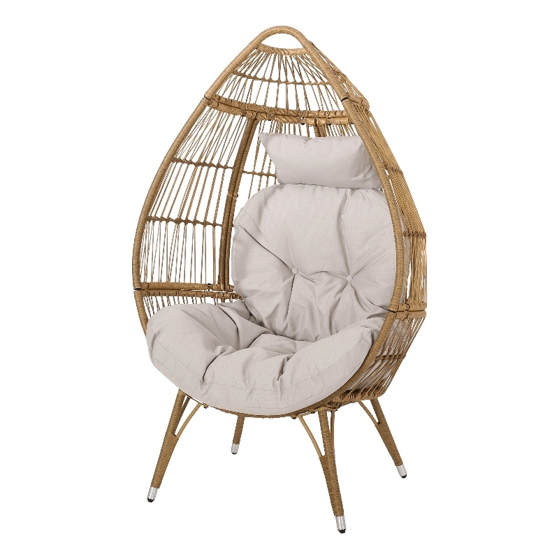 Benjara Outdoor Accent Chair- Teardrop Cocoon w Beige Pillow- Brown PE Rattan