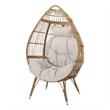 Benjara Outdoor Accent Chair- Teardrop Cocoon w Beige Pillow- Brown PE Rattan