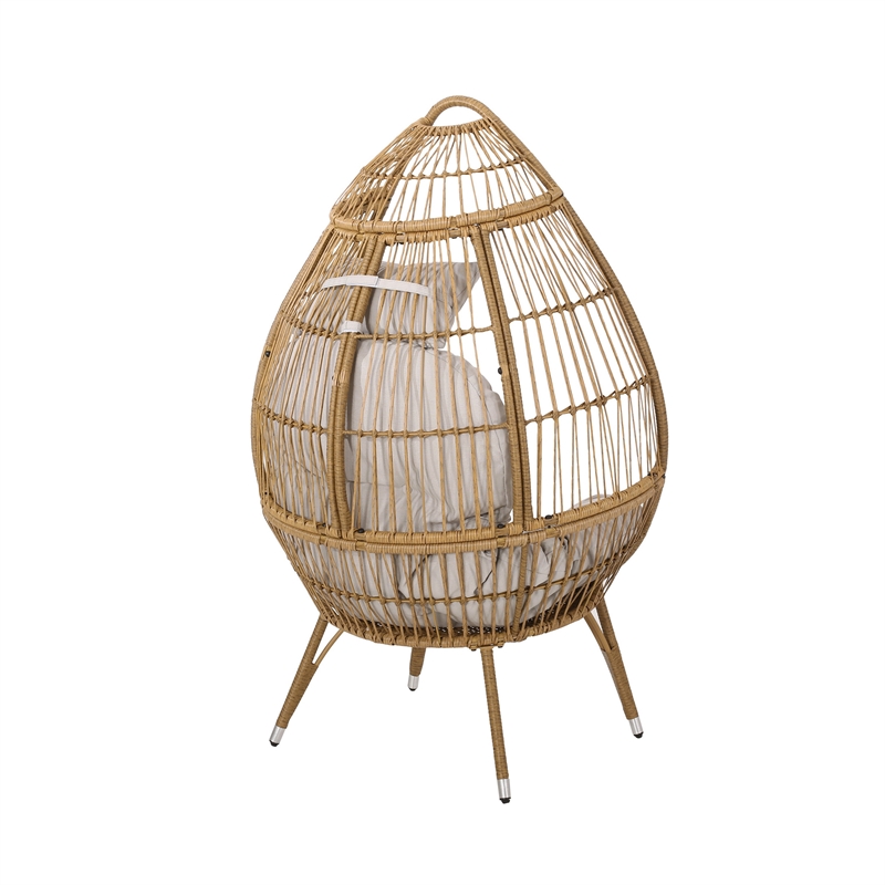Benjara Outdoor Accent Chair- Teardrop Cocoon w Beige Pillow- Brown PE Rattan