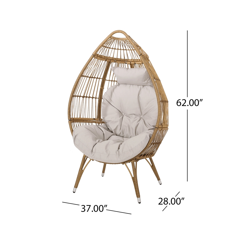 Benjara Outdoor Accent Chair- Teardrop Cocoon w Beige Pillow- Brown PE Rattan