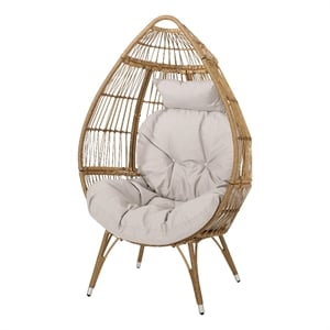 Benjara Outdoor Accent Chair- Teardrop Cocoon w Beige Pillow- Brown PE Rattan
