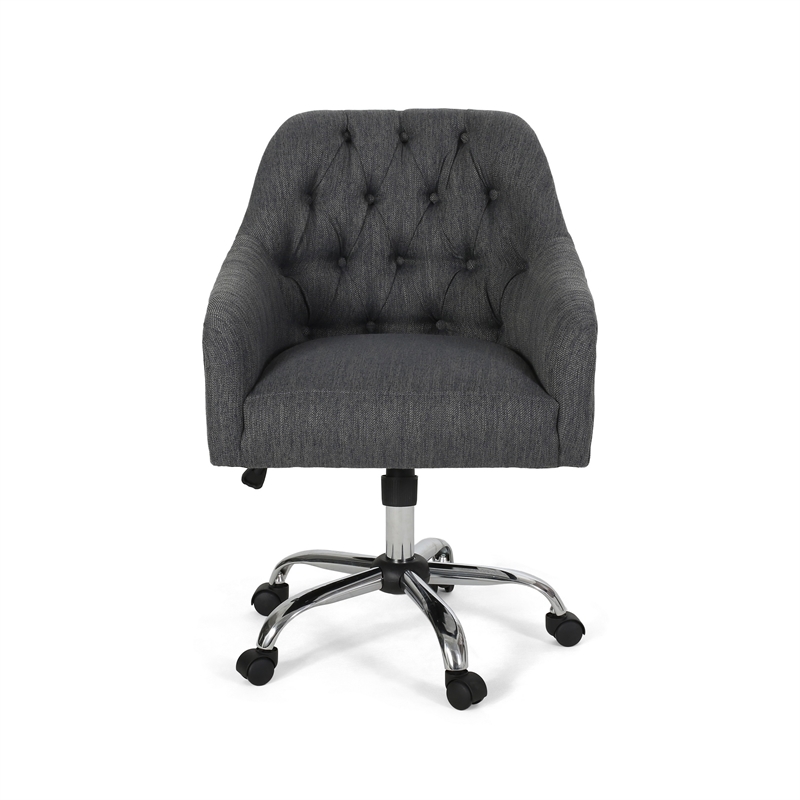 Benjara Nysa Swivel Rolling Office Chair- Tufted Dark Gray Fabric- Chrome