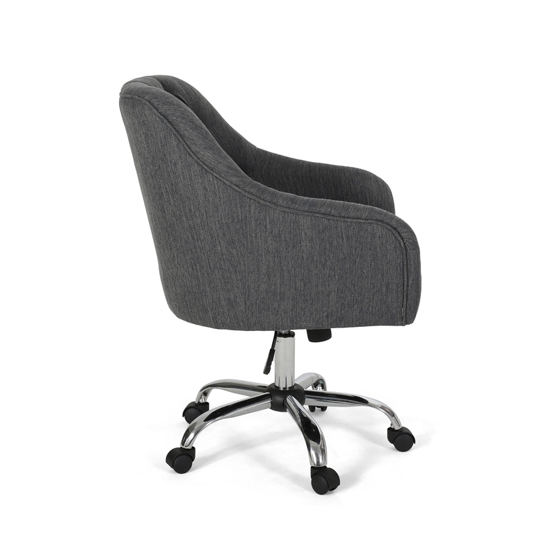 Benjara Nysa Swivel Rolling Office Chair- Tufted Dark Gray Fabric- Chrome