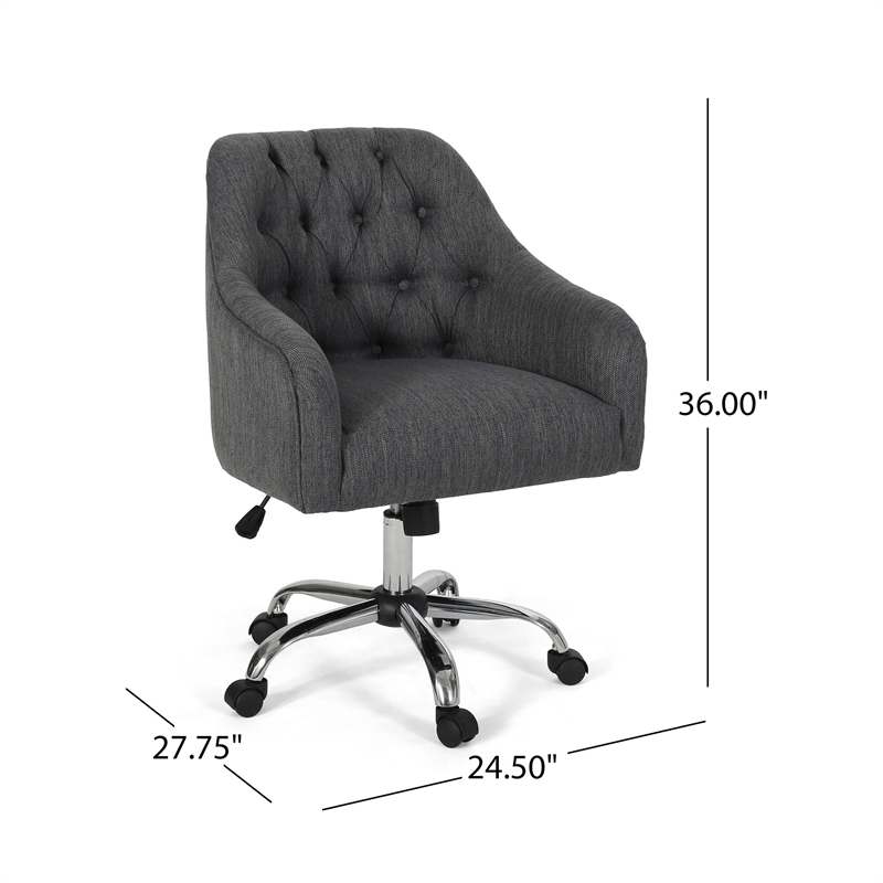 Benjara Nysa Swivel Rolling Office Chair- Tufted Dark Gray Fabric- Chrome