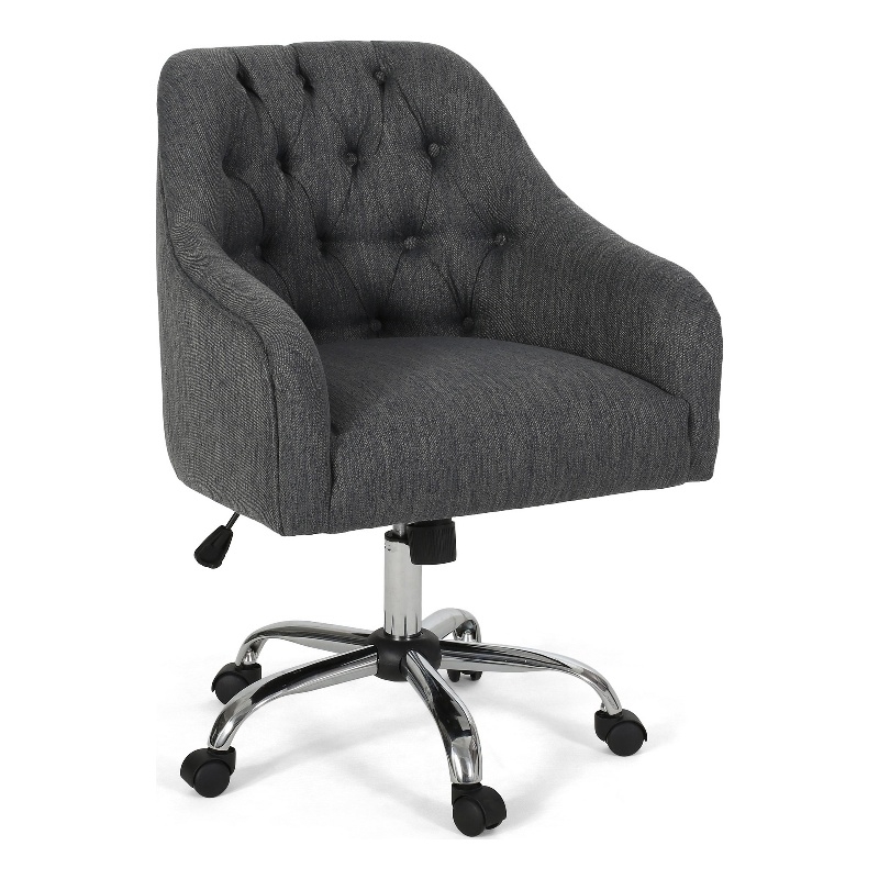 Benjara Nysa Swivel Rolling Office Chair- Tufted Dark Gray Fabric- Chrome