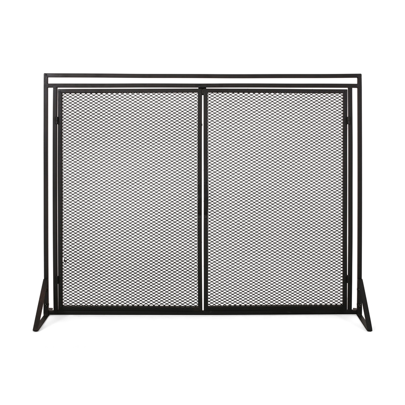 Benjara Fireplace Screen- 2 Doors- Open Diamond Mesh Design- Matte Black Iron