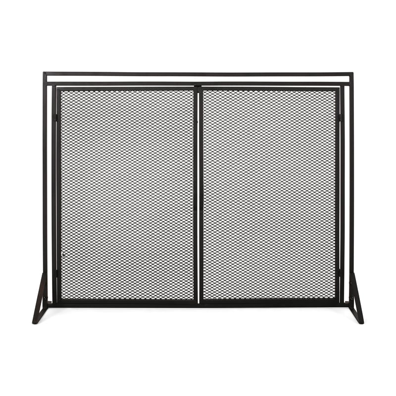Benjara Fireplace Screen- 2 Doors- Open Diamond Mesh Design- Matte Black Iron