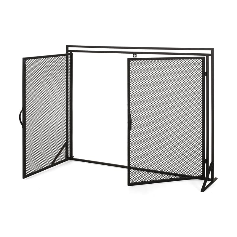 Benjara Fireplace Screen- 2 Doors- Open Diamond Mesh Design- Matte Black Iron