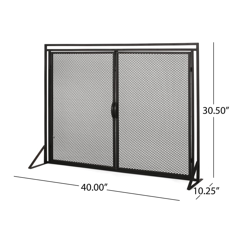 Benjara Fireplace Screen- 2 Doors- Open Diamond Mesh Design- Matte Black Iron