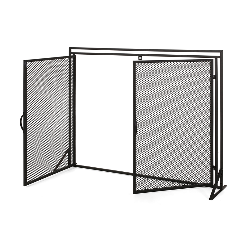 Benjara Fireplace Screen- 2 Doors- Open Diamond Mesh Design- Matte Black Iron