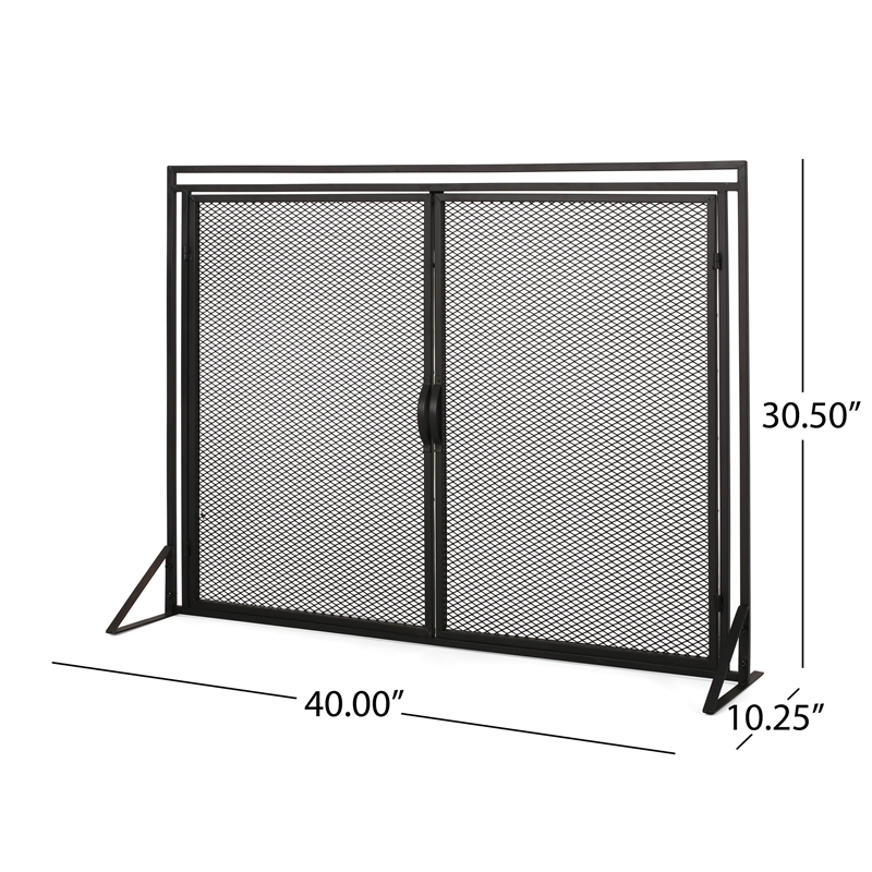 Benjara Fireplace Screen- 2 Doors- Open Diamond Mesh Design- Matte Black Iron