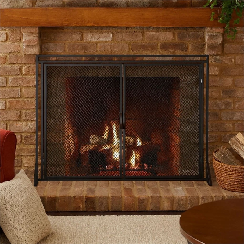 Benjara Fireplace Screen- 2 Doors- Open Diamond Mesh Design- Matte Black Iron