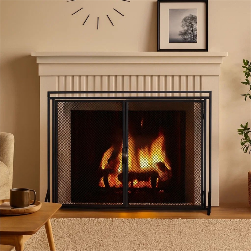 Benjara Fireplace Screen- 2 Doors- Open Diamond Mesh Design- Matte Black Iron