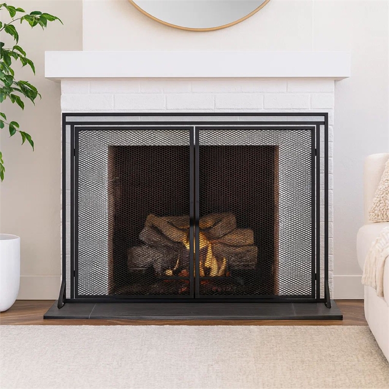 Benjara Fireplace Screen- 2 Doors- Open Diamond Mesh Design- Matte Black Iron