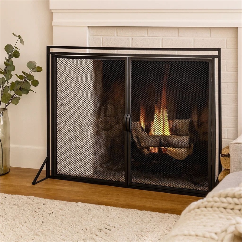 Benjara Fireplace Screen- 2 Doors- Open Diamond Mesh Design- Matte Black Iron
