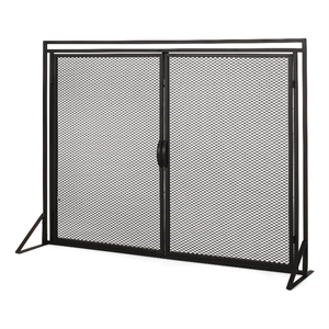 Benjara Fireplace Screen- 2 Doors- Open Diamond Mesh Design- Matte Black Iron
