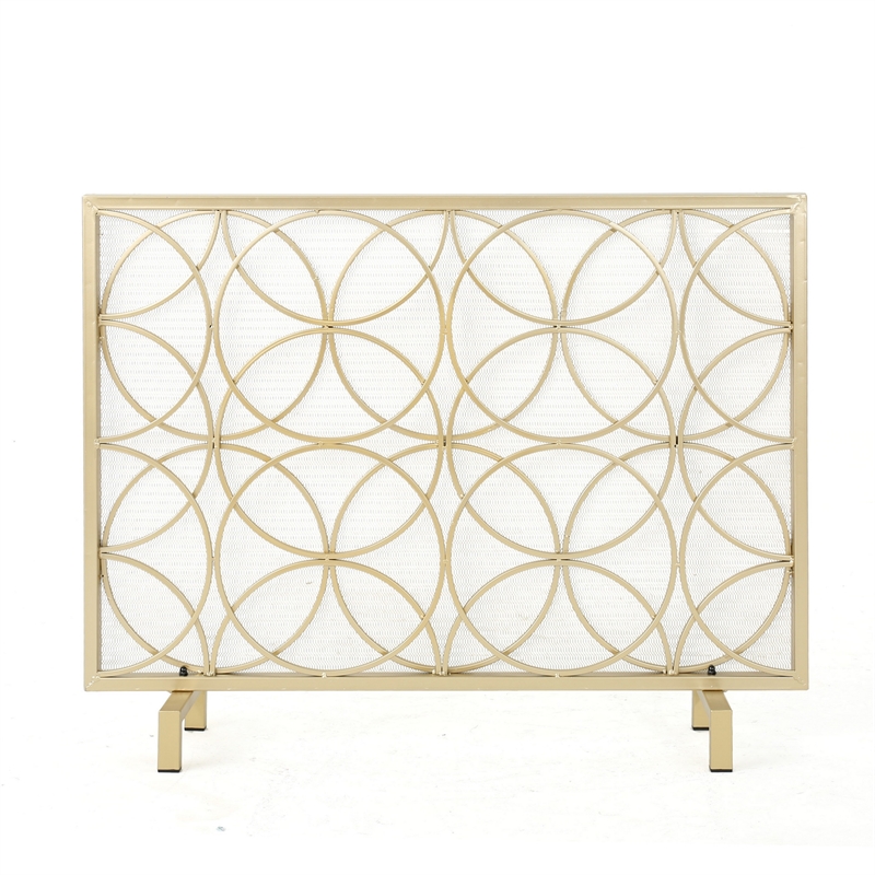 Benjara Gold Fireplace Screen- Single Panel Overlapping Circle Design- 41x31