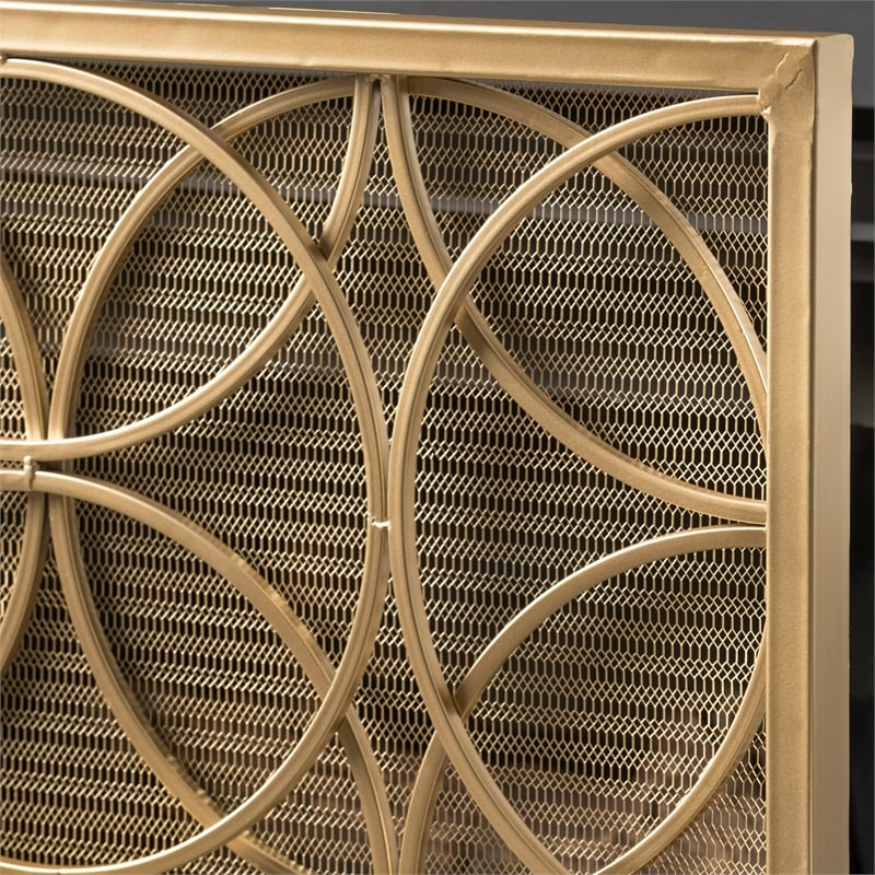 Benjara Gold Fireplace Screen- Single Panel Overlapping Circle Design- 41x31