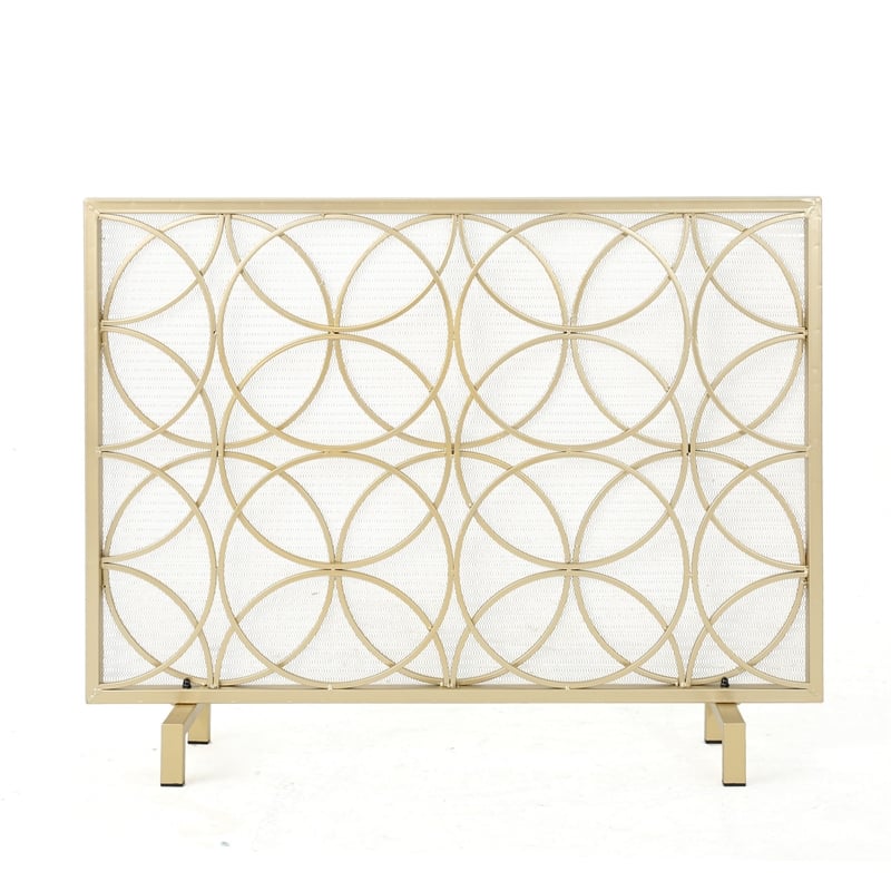 Benjara Gold Fireplace Screen- Single Panel Overlapping Circle Design- 41x31