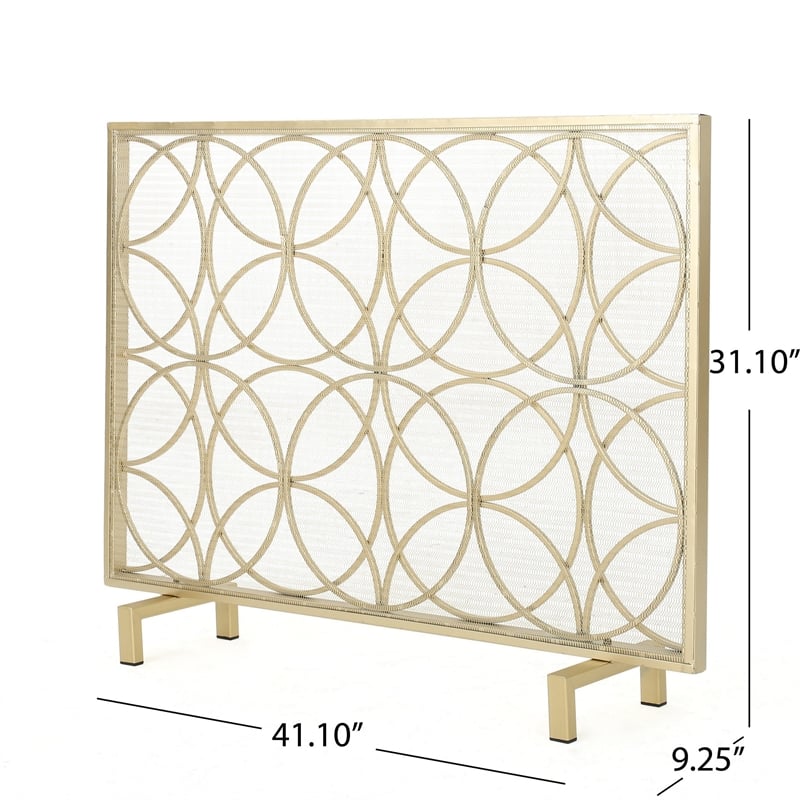 Benjara Gold Fireplace Screen- Single Panel Overlapping Circle Design- 41x31