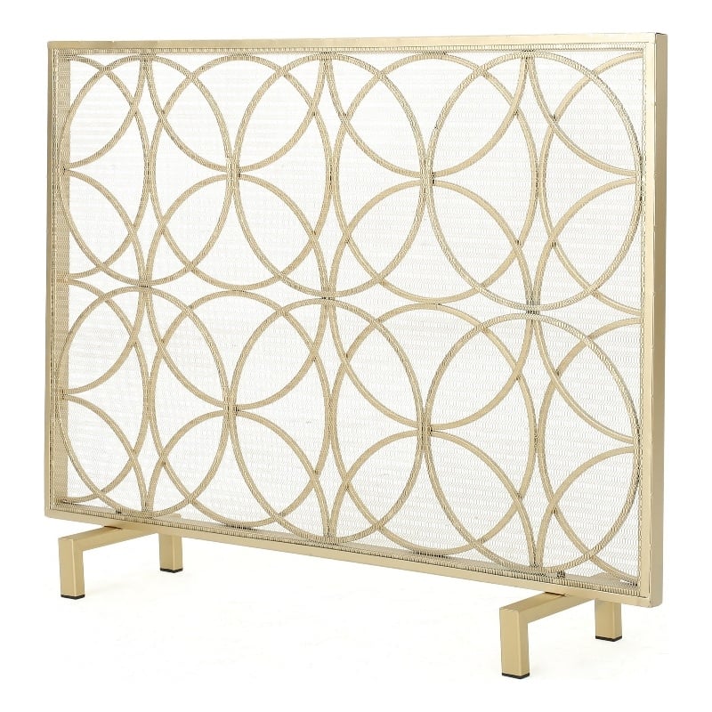 Benjara Gold Fireplace Screen- Single Panel Overlapping Circle Design- 41x31