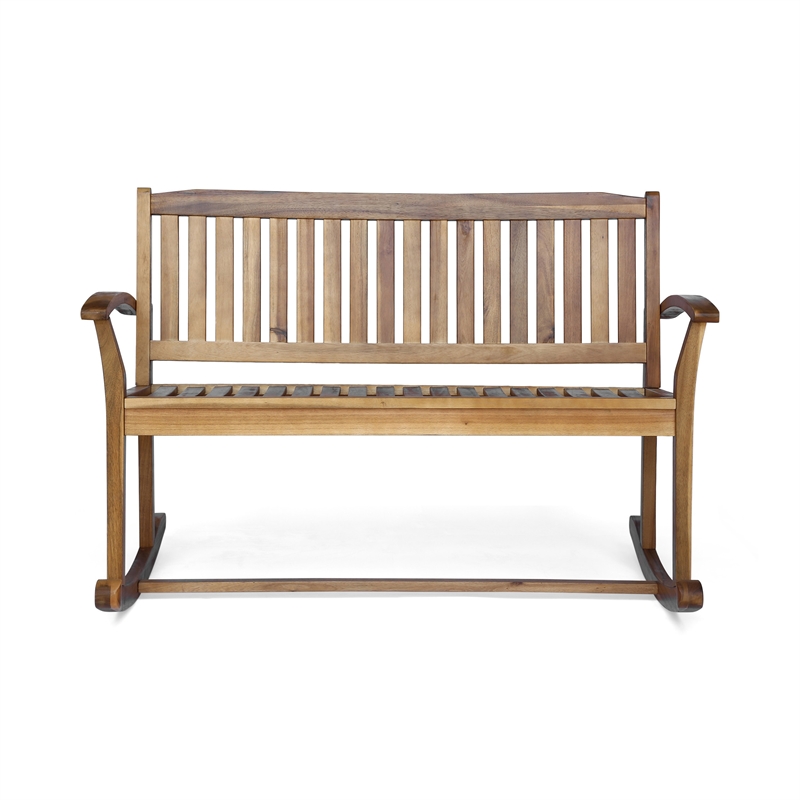 Benjara Outdoor Rocking Loveseat Bench- 50 Inch- Natural Brown Acacia Wood