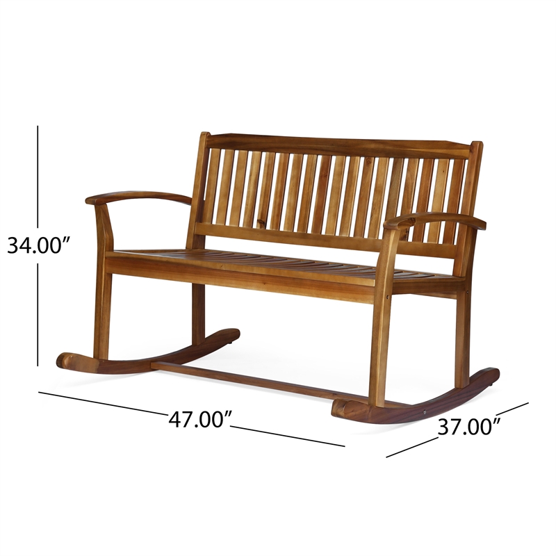 Benjara Outdoor Rocking Loveseat Bench- 50 Inch- Natural Brown Acacia Wood