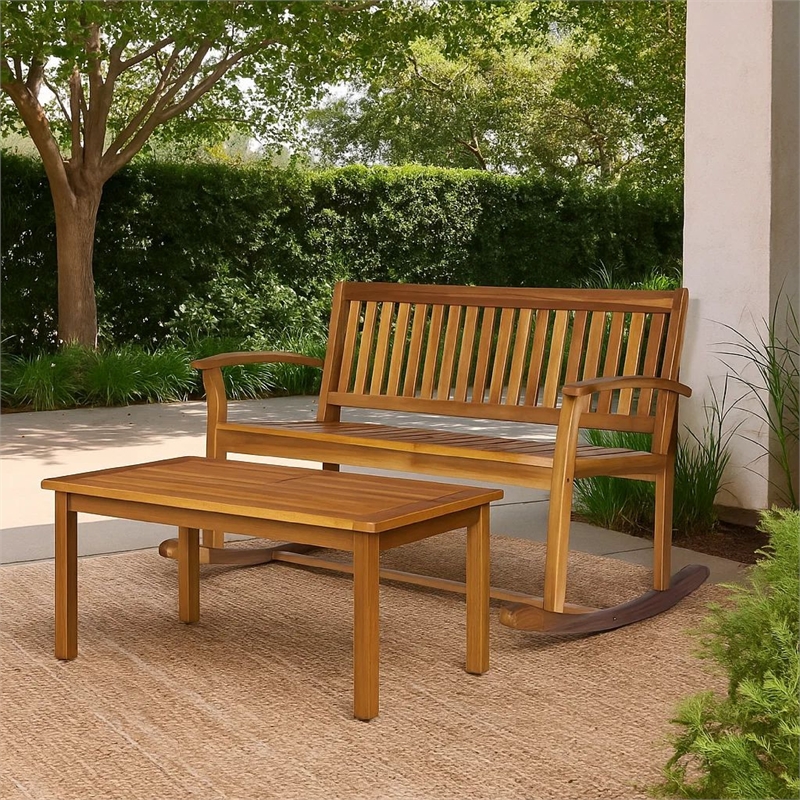Benjara Outdoor Rocking Loveseat Bench- 50 Inch- Natural Brown Acacia Wood