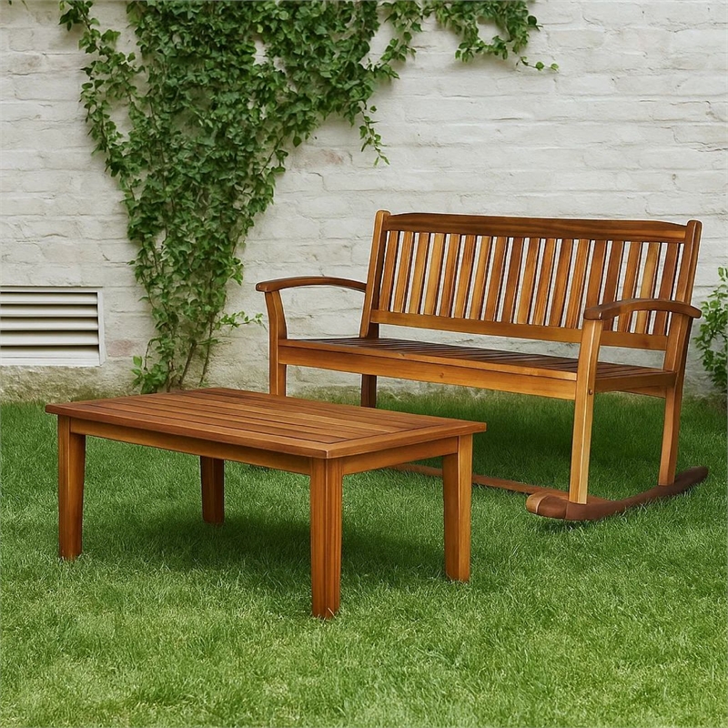 Benjara Outdoor Rocking Loveseat Bench- 50 Inch- Natural Brown Acacia Wood
