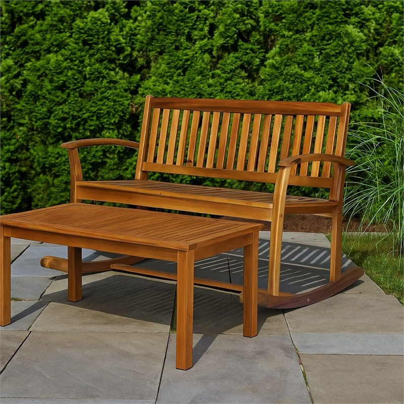 Benjara Outdoor Rocking Loveseat Bench- 50 Inch- Natural Brown Acacia Wood