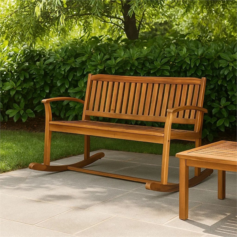 Benjara Outdoor Rocking Loveseat Bench- 50 Inch- Natural Brown Acacia Wood