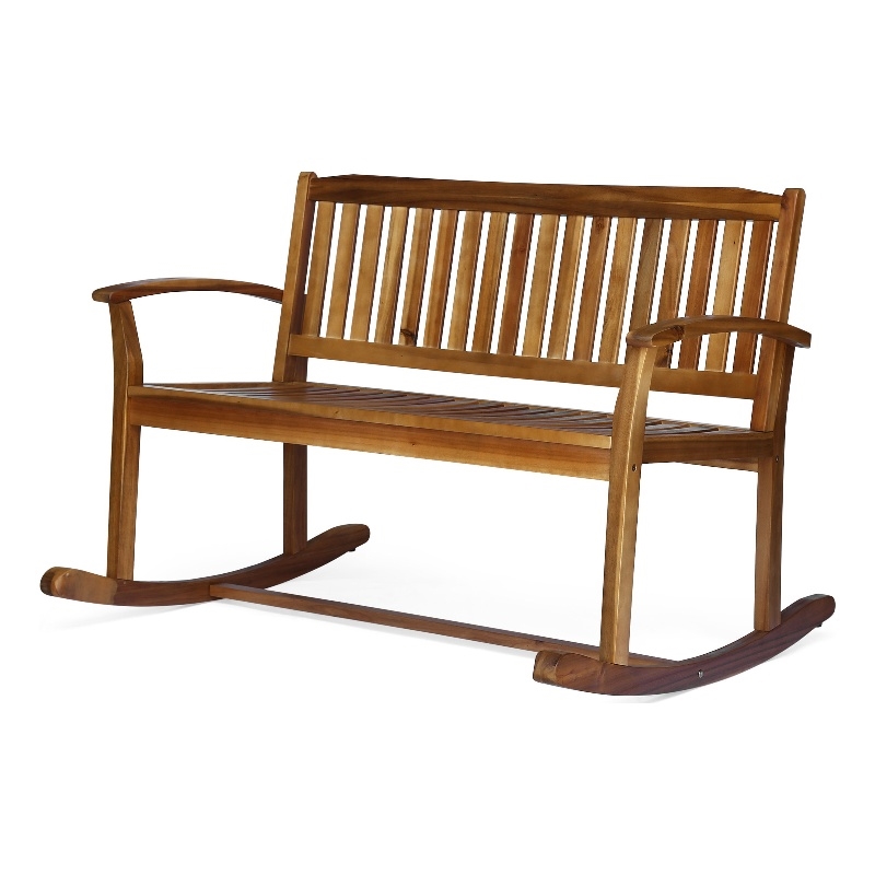 Benjara Outdoor Rocking Loveseat Bench- 50 Inch- Natural Brown Acacia Wood