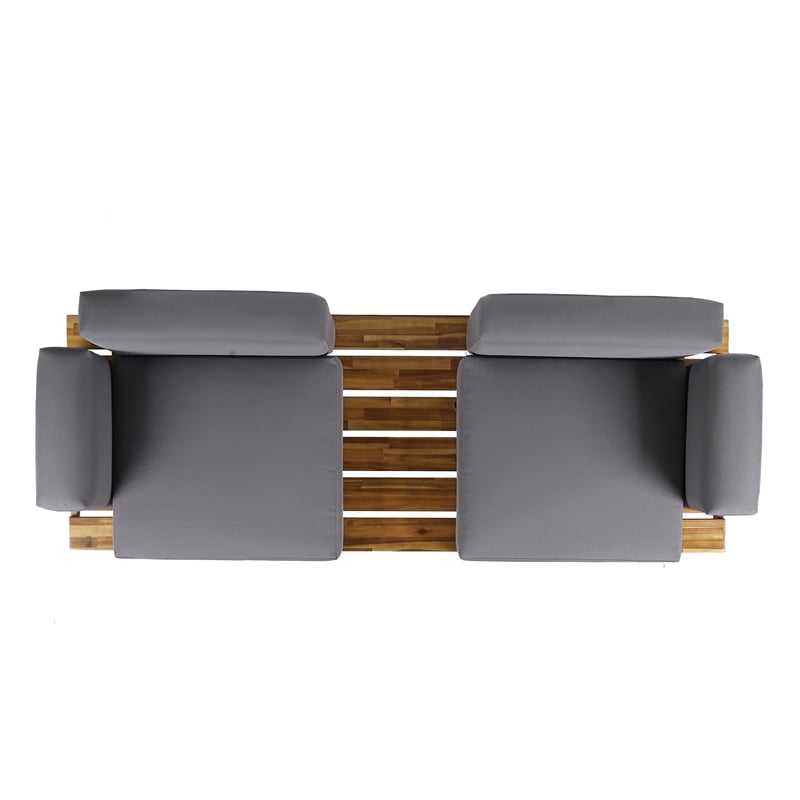 Benjara Outdoor 2 Seater Sofa- Attached Center Slatted Table- Black Iron Legs