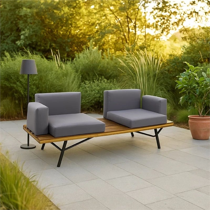 Benjara Outdoor 2 Seater Sofa- Attached Center Slatted Table- Black Iron Legs
