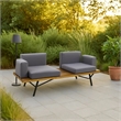 Benjara Outdoor 2 Seater Sofa- Attached Center Slatted Table- Black Iron Legs