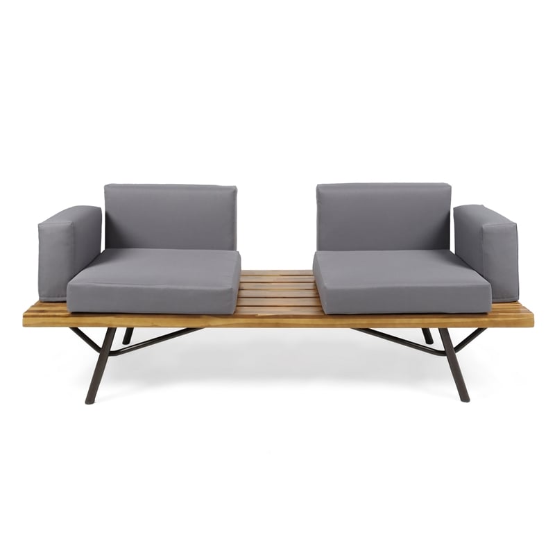 Benjara Outdoor 2 Seater Sofa- Attached Center Slatted Table- Black Iron Legs