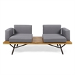 Benjara Outdoor 2 Seater Sofa- Attached Center Slatted Table- Black Iron Legs