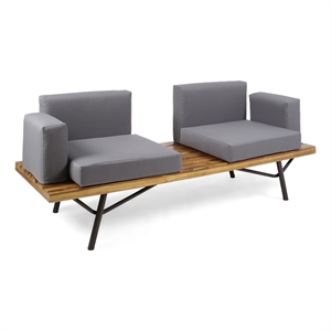 Benjara Outdoor 2 Seater Sofa- Attached Center Slatted Table- Black Iron Legs